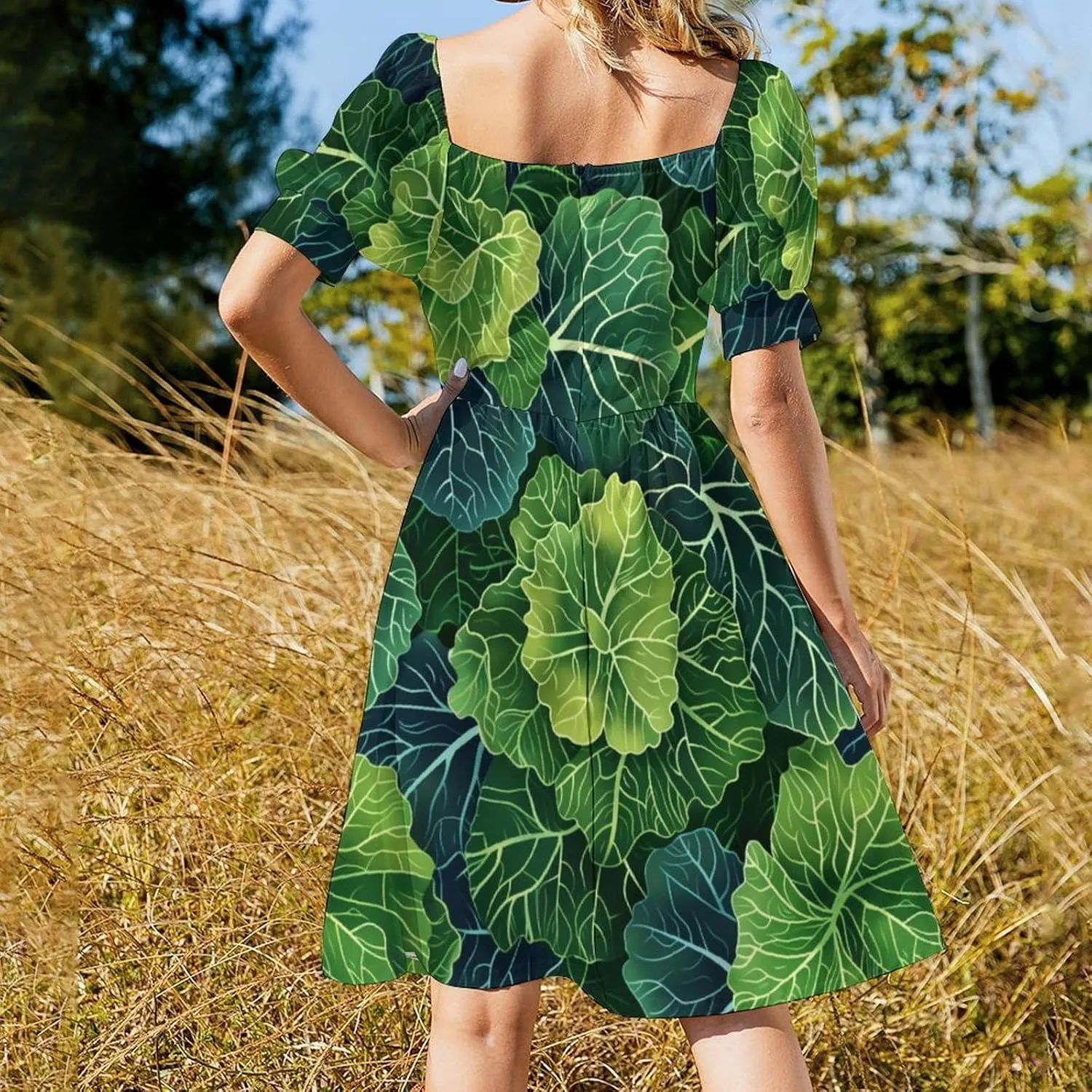 Fresh Green Cabbage Women's Sweetheart Neckline Dress Mini Dresses Short Puff Sleeve Casual Dress
