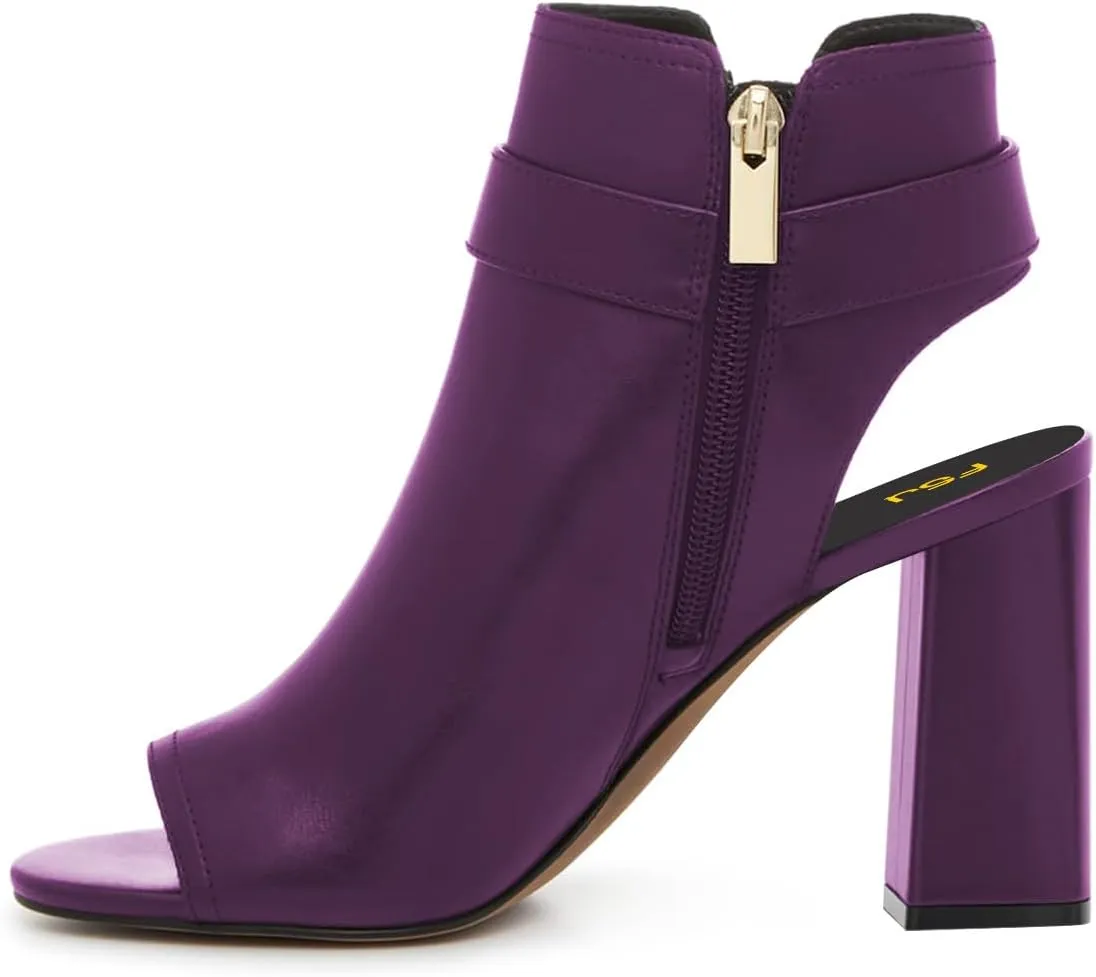 FSJ Women Peep Open Toe Ankle Booties Block Heel Metal Buckle High Heel Sandals Cutout Ankle Strap Zipper Cocktail Nightclub Pumps Shoes Size 4-16 US
