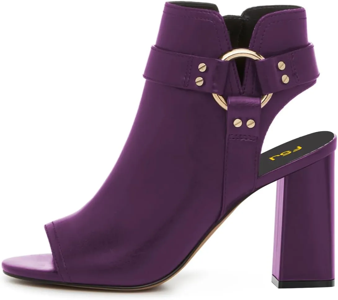 FSJ Women Peep Open Toe Ankle Booties Block Heel Metal Buckle High Heel Sandals Cutout Ankle Strap Zipper Cocktail Nightclub Pumps Shoes Size 4-16 US