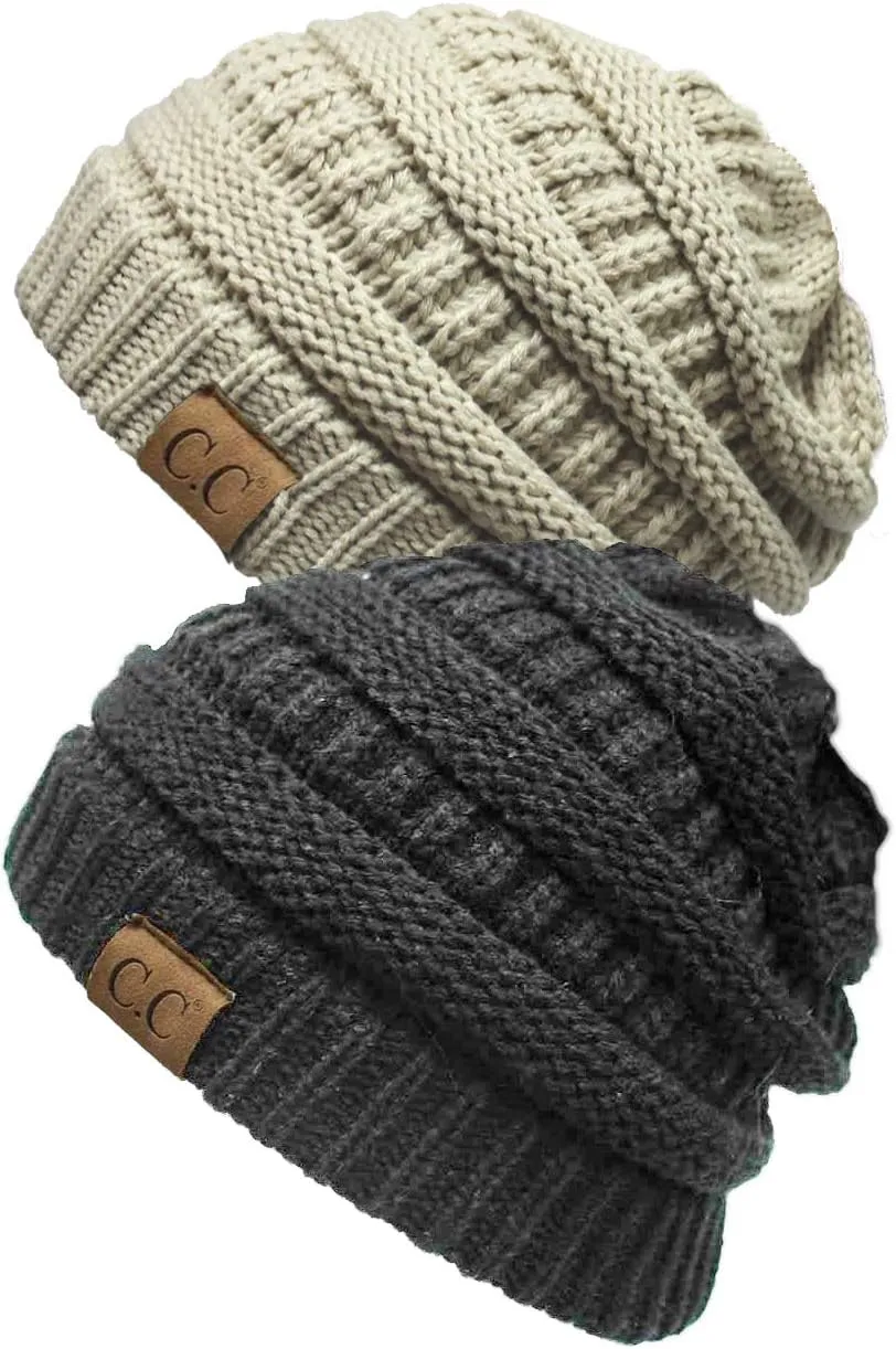Funky Junque Solid Ribbed Beanie Soft Stretch Cable Knit Slouchy Hat Warm Skull Cap