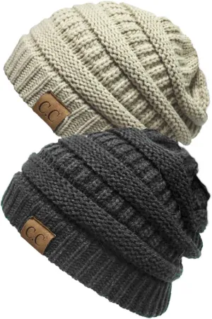 Funky Junque Solid Ribbed Beanie Soft Stretch Cable Knit Slouchy Hat Warm Skull Cap