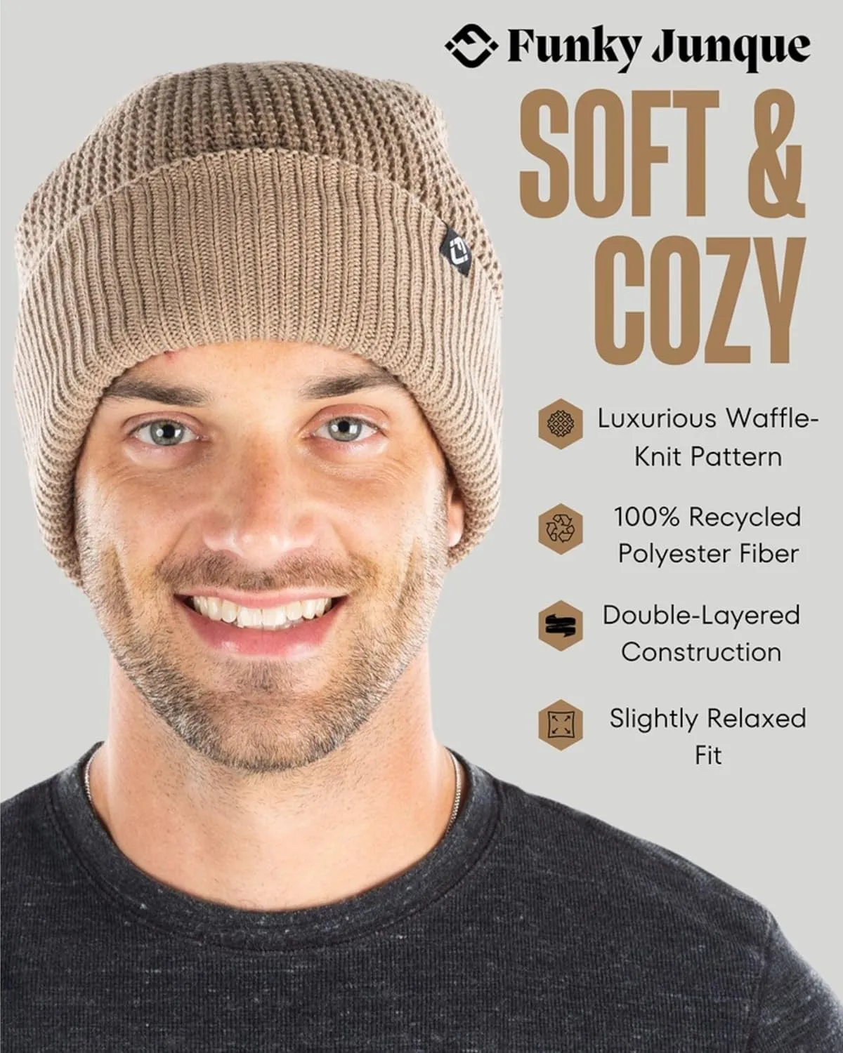 Funky Junque Unisex Waffle Beanie Knit Winter Hat, Super Soft Ultra Warm Double-Layered Ski Cap with Ribbed Cuff