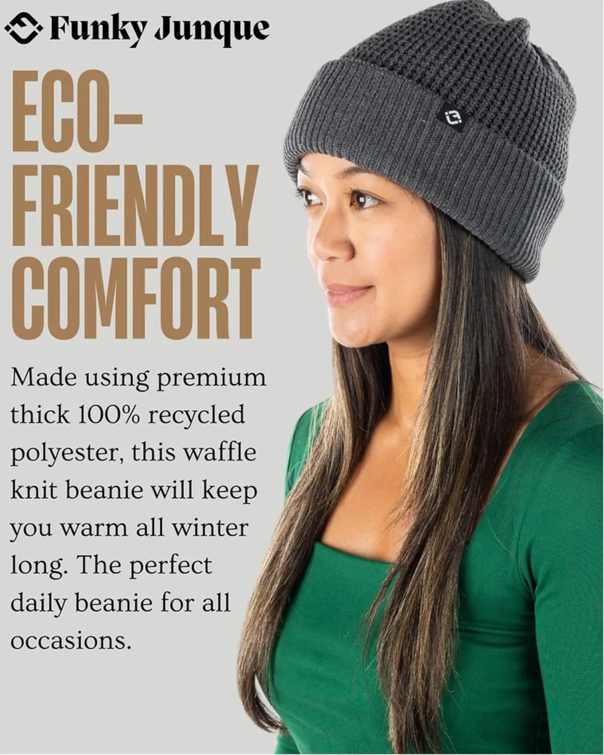 Funky Junque Unisex Waffle Beanie Knit Winter Hat, Super Soft Ultra Warm Double-Layered Ski Cap with Ribbed Cuff