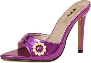 FYS Women Pointed Open Toe Mules Stiletto High Heel Pearls Sandals Slide Dress Party Prom Shoes Size 4-15 US