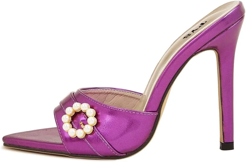 FYS Women Pointed Open Toe Mules Stiletto High Heel Pearls Sandals Slide Dress Party Prom Shoes Size 4-15 US