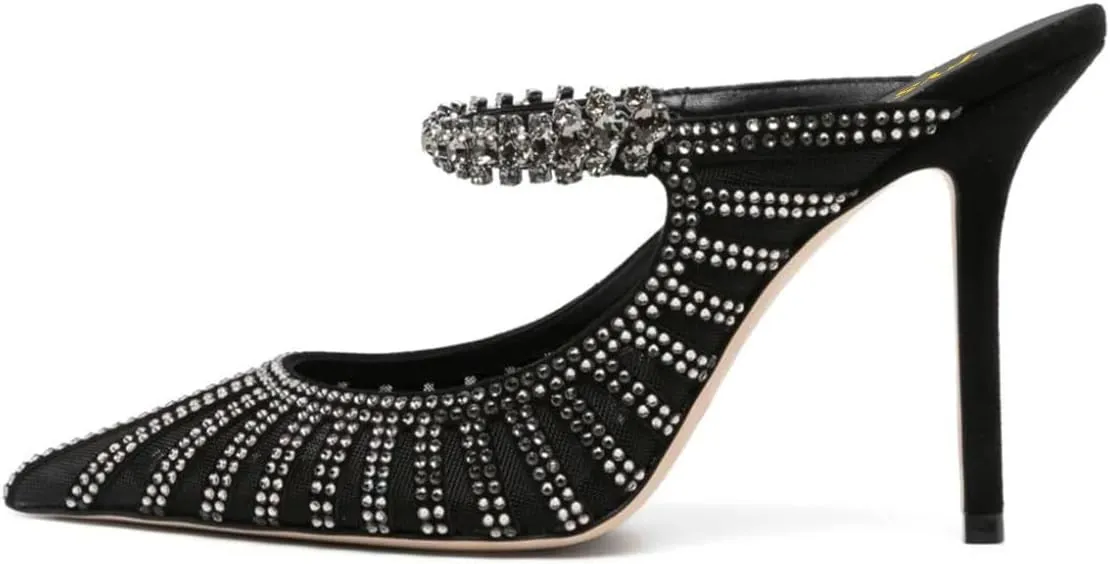 FYS Women's Pointed Toe Slip on Mules Rhinestone Studded Stiletto High Heel Sandals Shining Sexy Party Evening Shoes Size 4-16 US