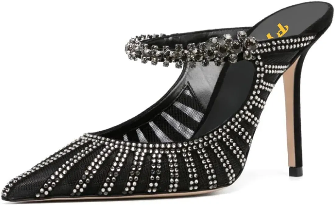 FYS Women's Pointed Toe Slip on Mules Rhinestone Studded Stiletto High Heel Sandals Shining Sexy Party Evening Shoes Size 4-16 US