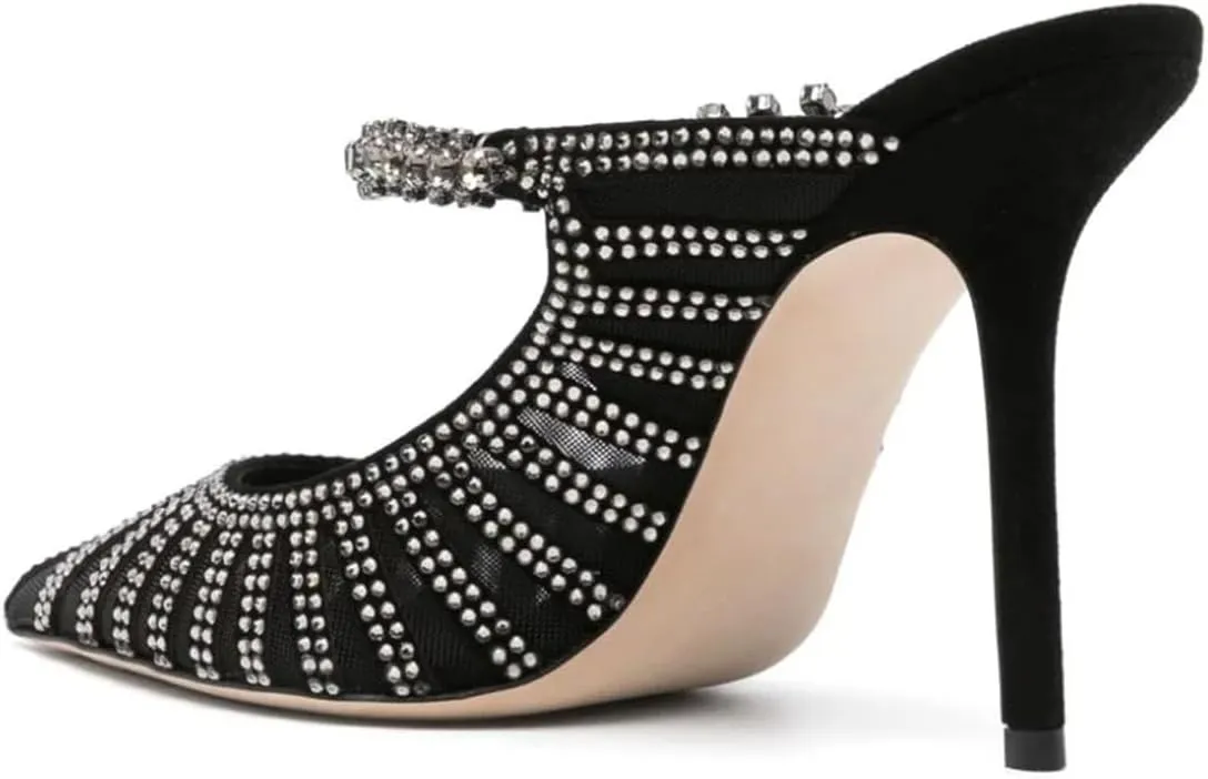 FYS Women's Pointed Toe Slip on Mules Rhinestone Studded Stiletto High Heel Sandals Shining Sexy Party Evening Shoes Size 4-16 US