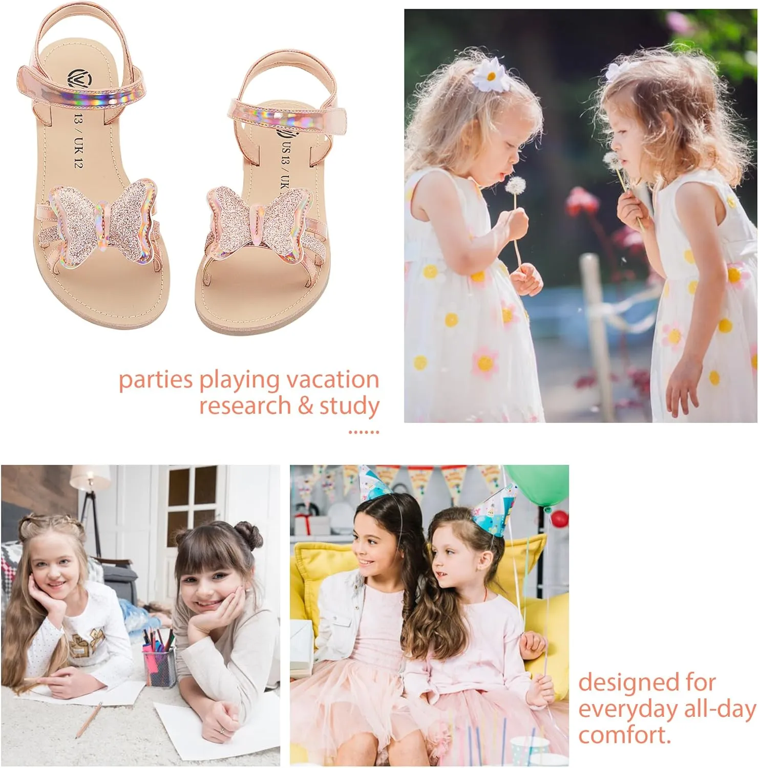 Girls Pink Flat Sandals for Girls, Shiny Princess Wedding Party Shoes
