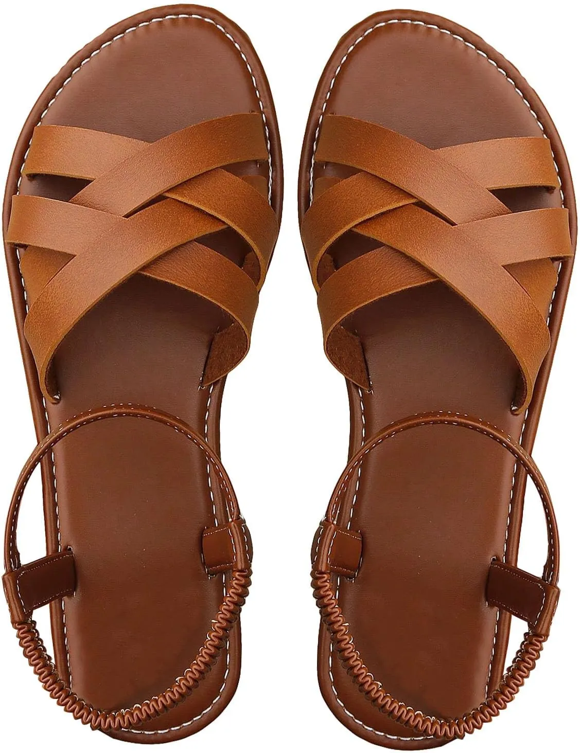 GORGLITTER Women's Dressy Elastic Ankle Gladiator Sandals Summer Cute Open Toe Slip on Cross Strappy Flat Sandals