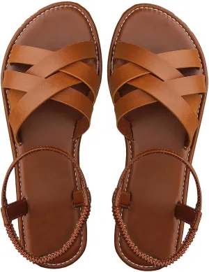 GORGLITTER Women's Dressy Elastic Ankle Gladiator Sandals Summer Cute Open Toe Slip on Cross Strappy Flat Sandals