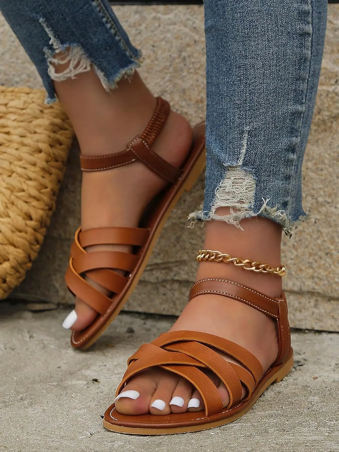 GORGLITTER Women's Dressy Elastic Ankle Gladiator Sandals Summer Cute Open Toe Slip on Cross Strappy Flat Sandals