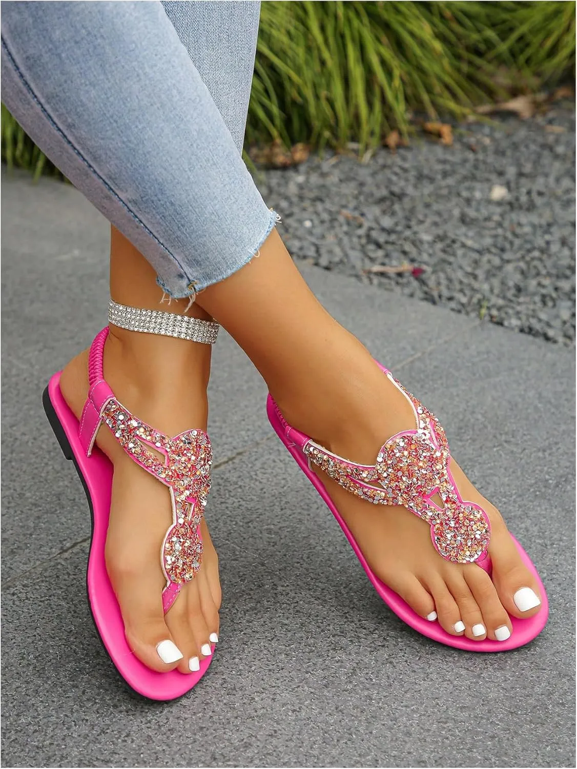 GORGLITTER Women's Sequin Sparkly Beach Sandals Elastic Strappy Thong Ankle Strap Flat Slide