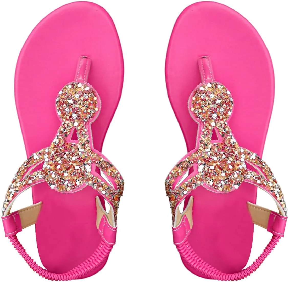 GORGLITTER Women's Sequin Sparkly Beach Sandals Elastic Strappy Thong Ankle Strap Flat Slide