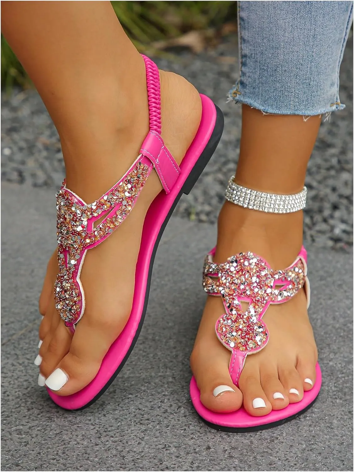 GORGLITTER Women's Sequin Sparkly Beach Sandals Elastic Strappy Thong Ankle Strap Flat Slide