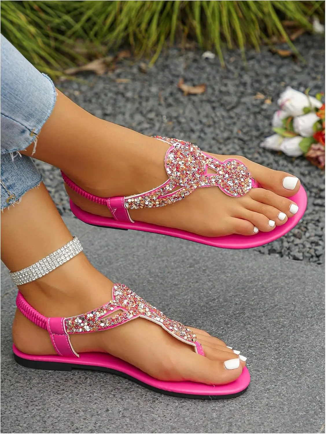 GORGLITTER Women's Sequin Sparkly Beach Sandals Elastic Strappy Thong Ankle Strap Flat Slide