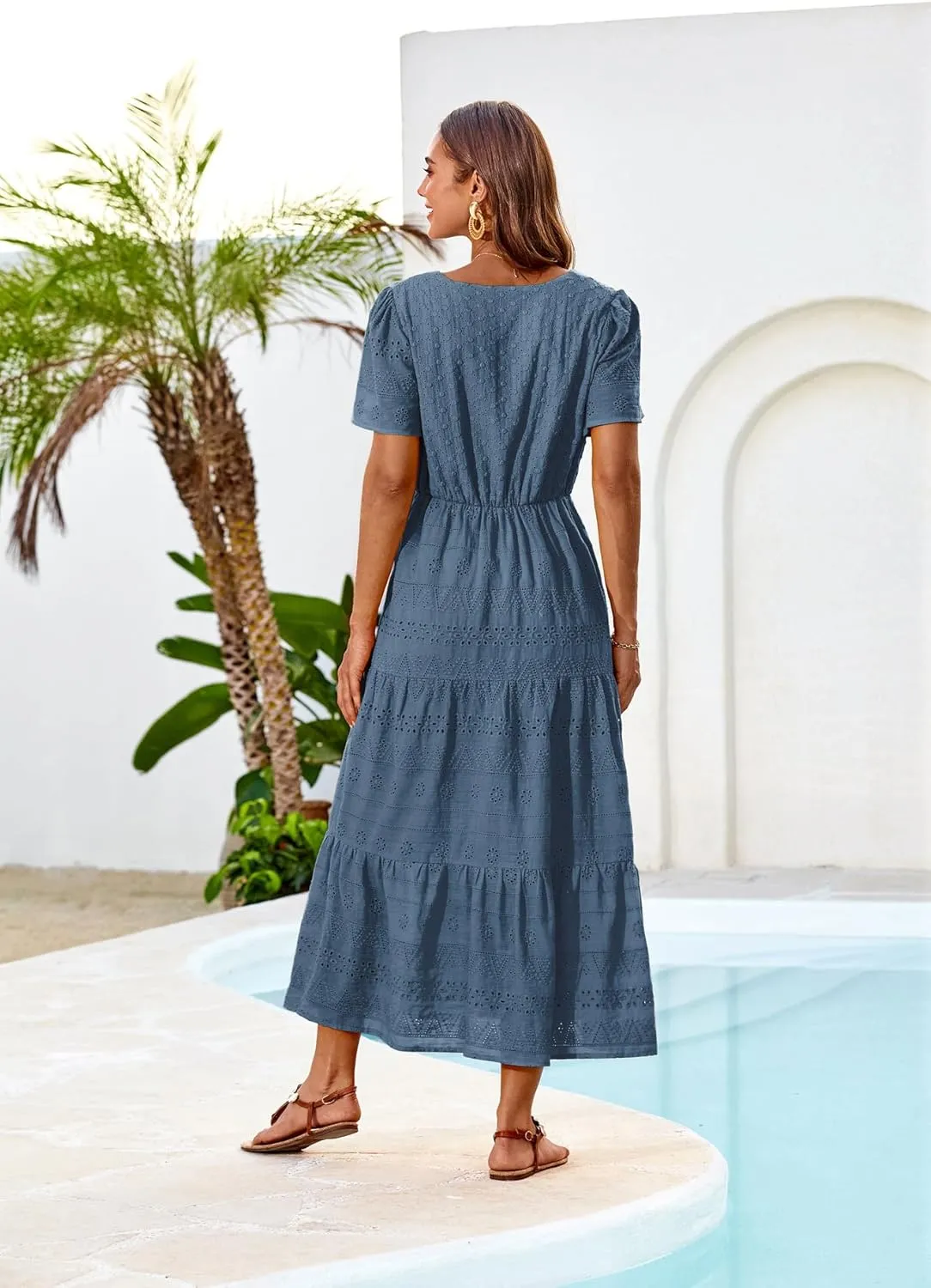 GRACE KARIN Summer Women's Maxi Dress Lace Flowy V-Neck Bohemian Beach Sundress Casual Tiered Elastic Waist Long Dresses