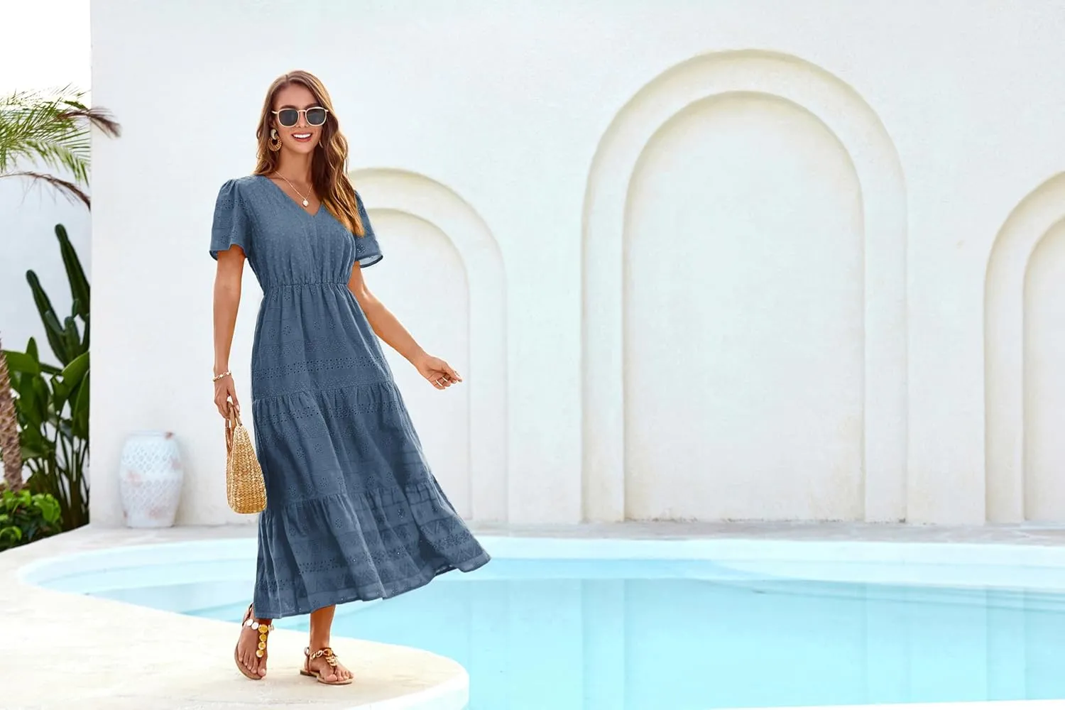 GRACE KARIN Summer Women's Maxi Dress Lace Flowy V-Neck Bohemian Beach Sundress Casual Tiered Elastic Waist Long Dresses