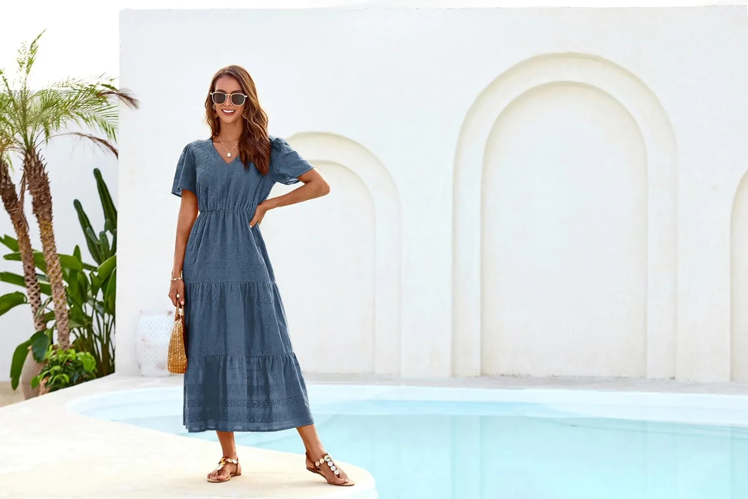 GRACE KARIN Summer Women's Maxi Dress Lace Flowy V-Neck Bohemian Beach Sundress Casual Tiered Elastic Waist Long Dresses