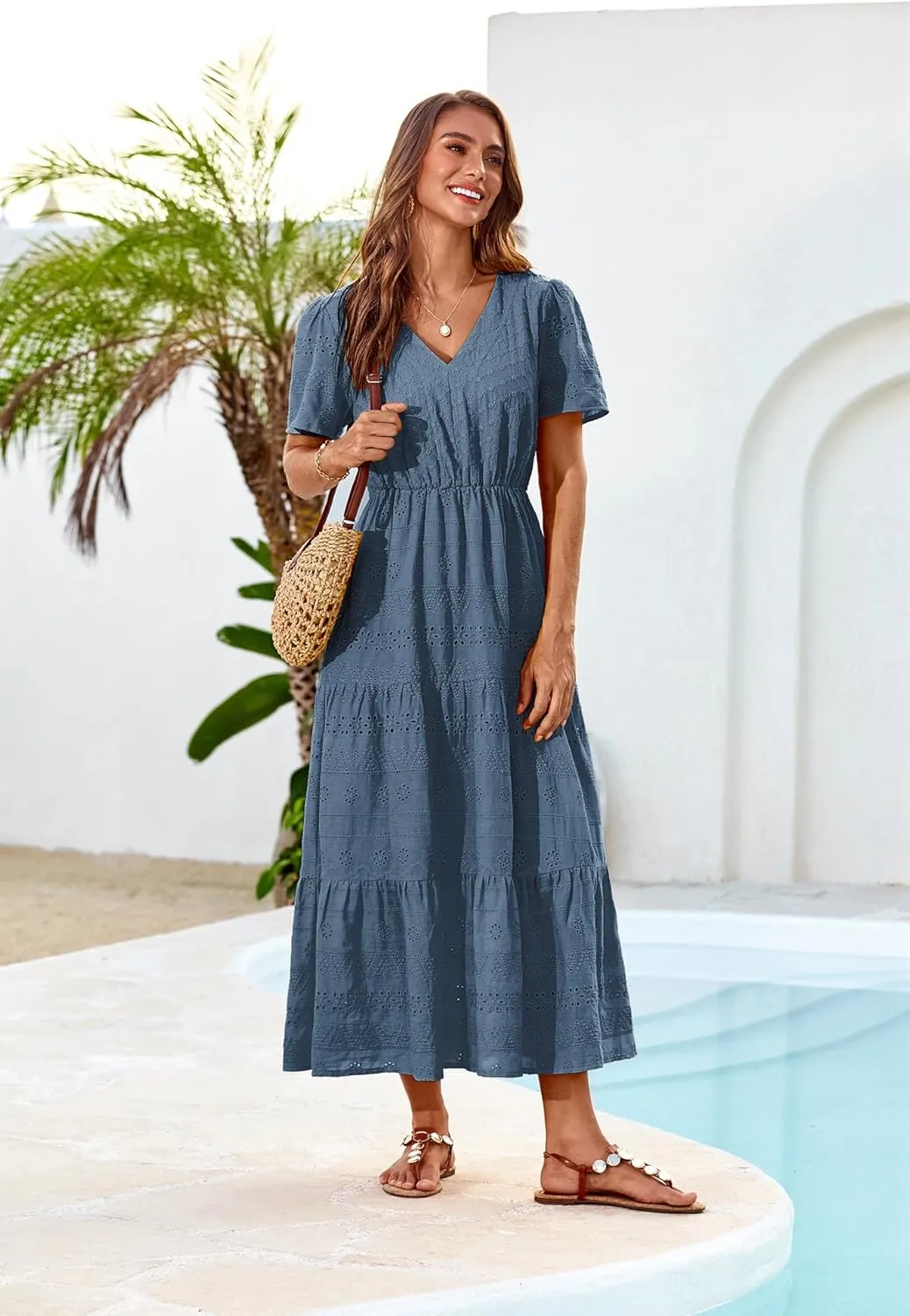 GRACE KARIN Summer Women's Maxi Dress Lace Flowy V-Neck Bohemian Beach Sundress Casual Tiered Elastic Waist Long Dresses