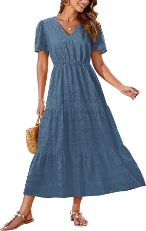 GRACE KARIN Summer Women's Maxi Dress Lace Flowy V-Neck Bohemian Beach Sundress Casual Tiered Elastic Waist Long Dresses