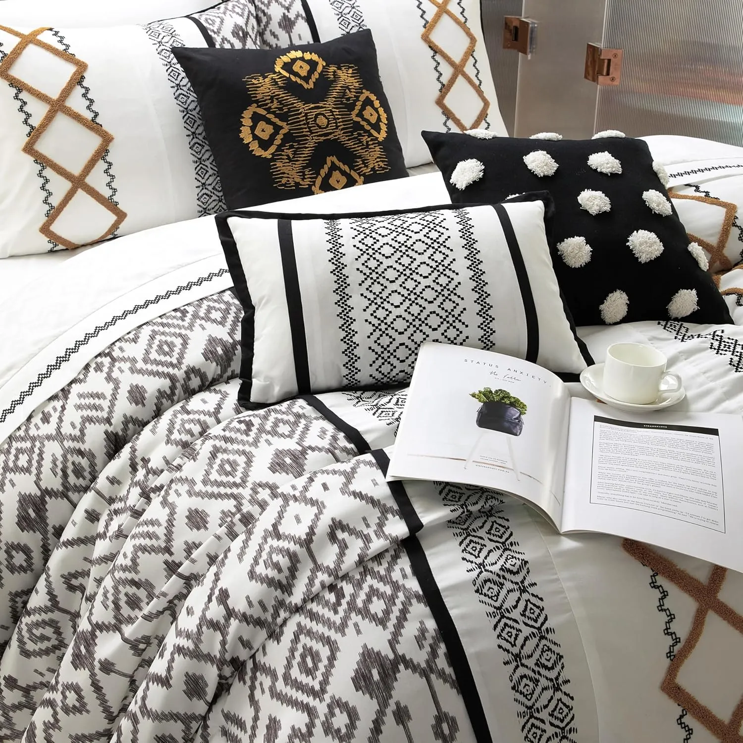 Grand Avenue Black Gold Comforter Set California King Size, 15 Piece Terry Embroidery All Season Room-in-A-Bag, Matching Curtains, Sheet Set, Pillows & Shams