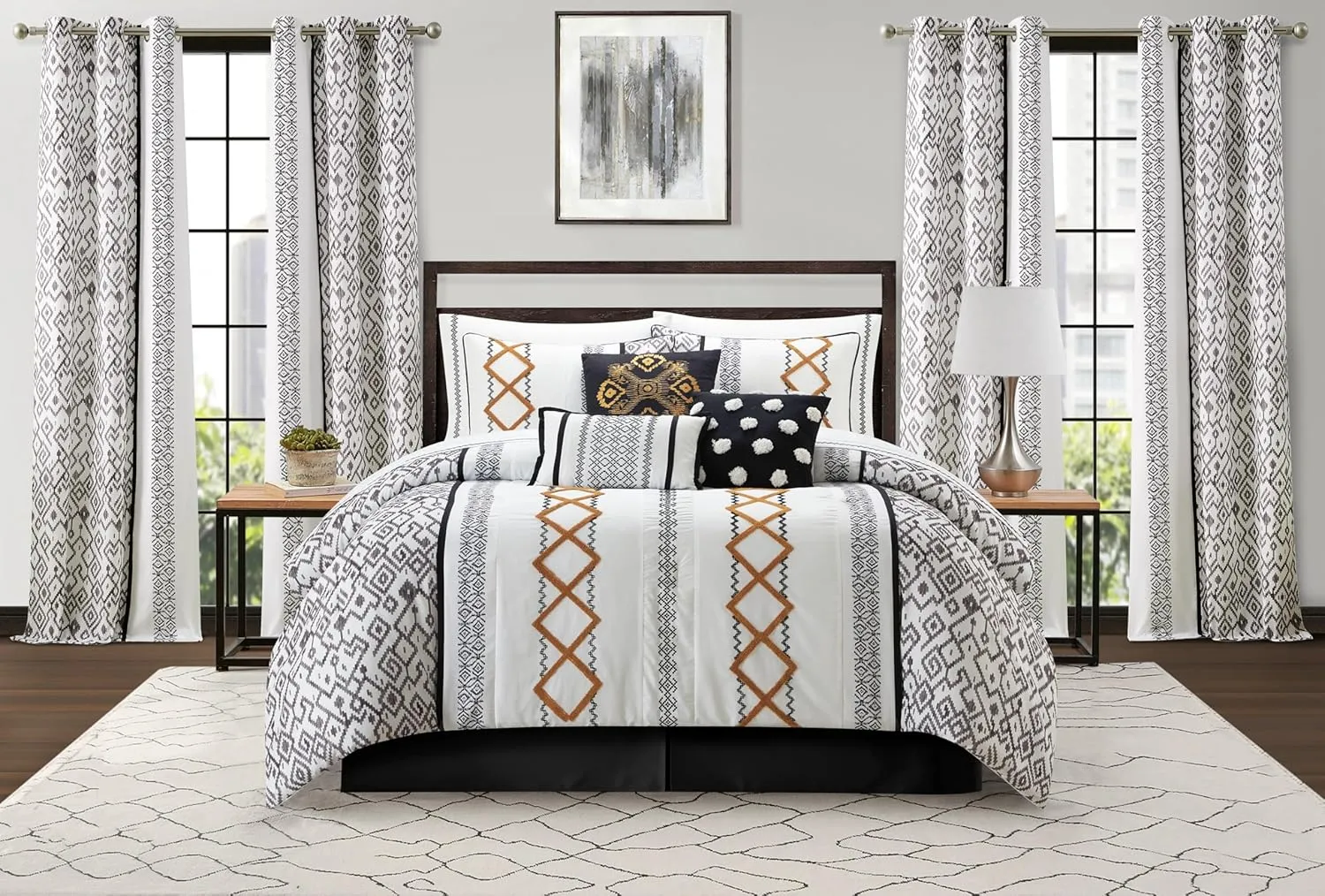 Grand Avenue Black Gold Comforter Set California King Size, 15 Piece Terry Embroidery All Season Room-in-A-Bag, Matching Curtains, Sheet Set, Pillows & Shams