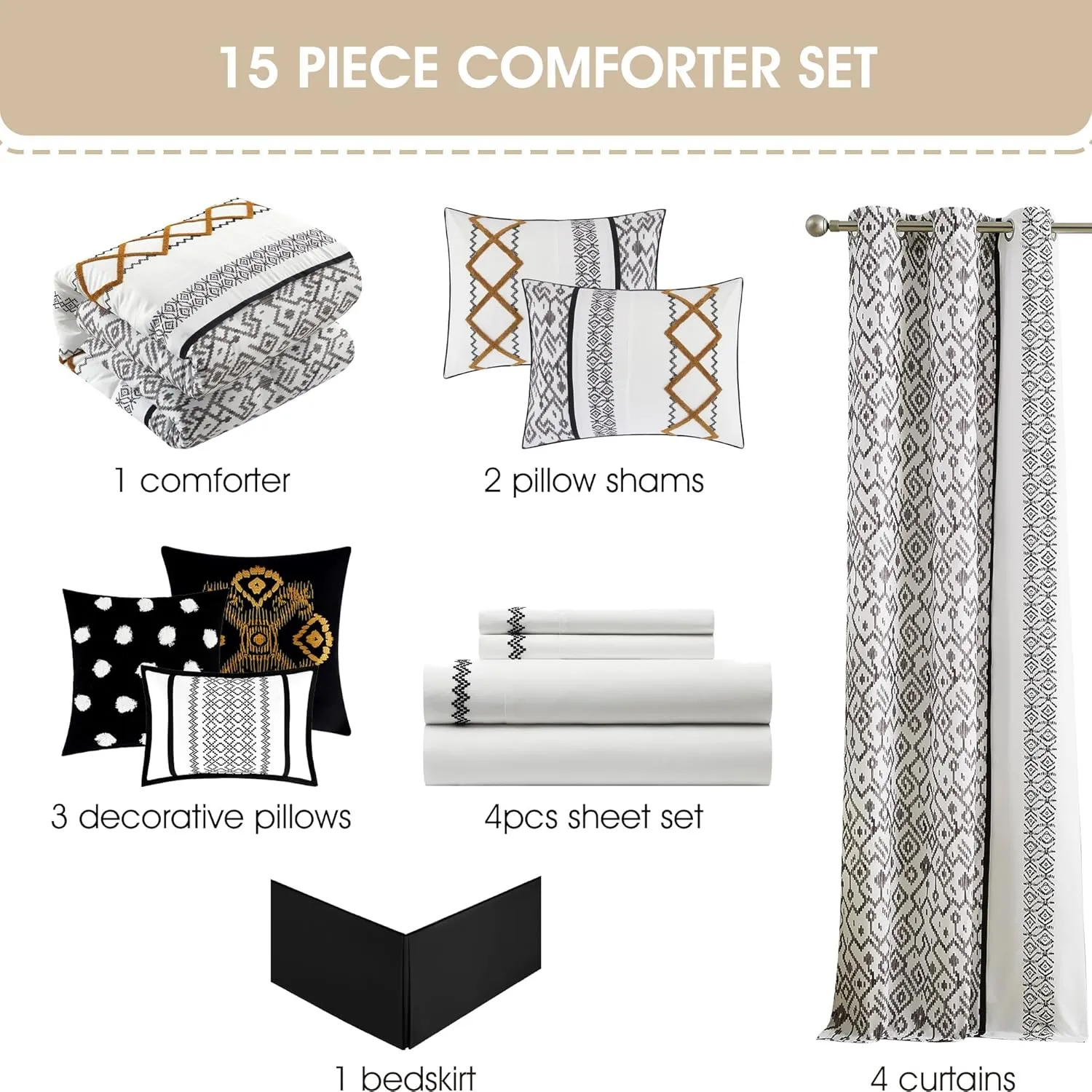 Grand Avenue Black Gold Comforter Set California King Size, 15 Piece Terry Embroidery All Season Room-in-A-Bag, Matching Curtains, Sheet Set, Pillows & Shams
