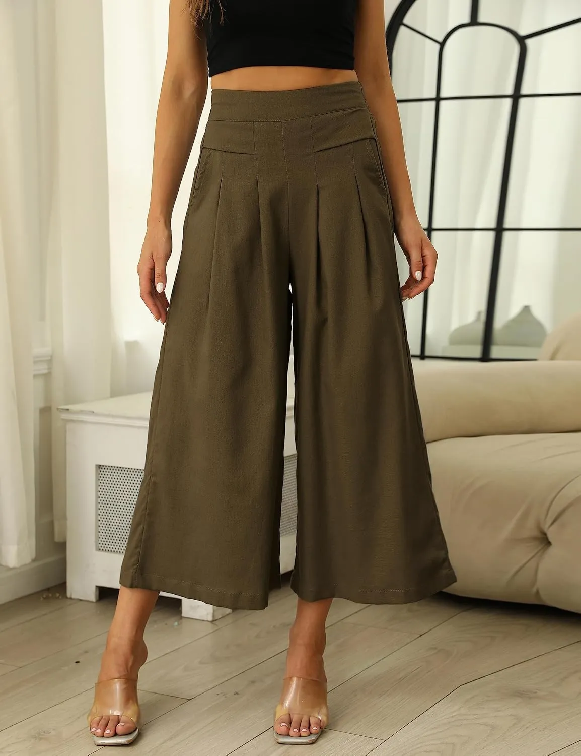 Hooever Women's Cotton Linen Culottes Pants Elastic Waist Wide Leg Palazzo Trousers Capri Pant