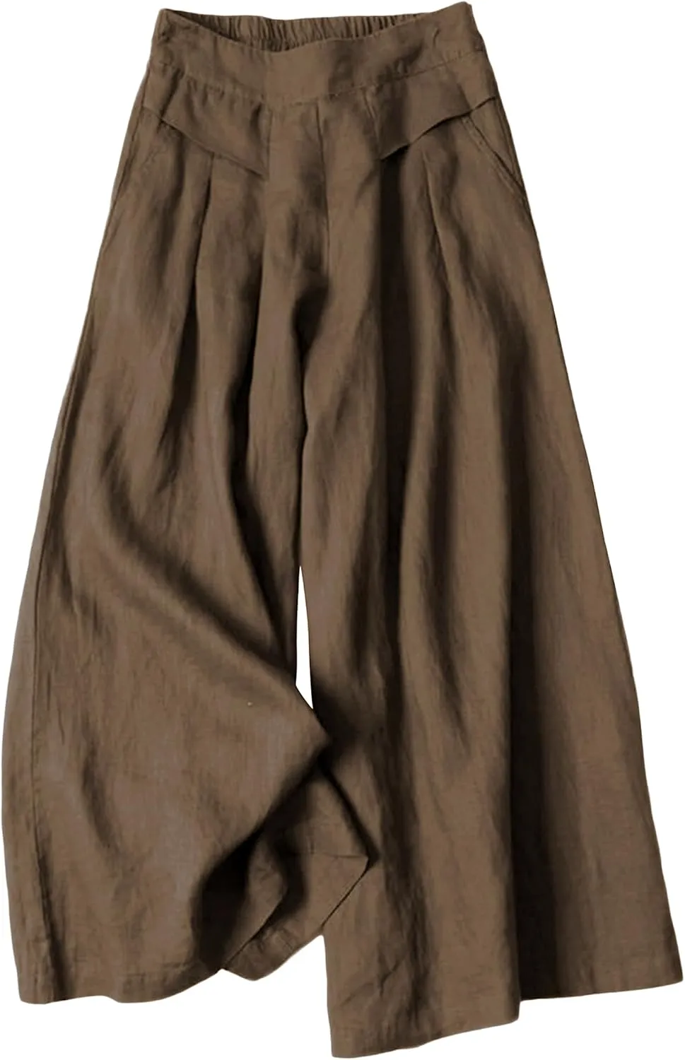 Hooever Women's Cotton Linen Culottes Pants Elastic Waist Wide Leg Palazzo Trousers Capri Pant