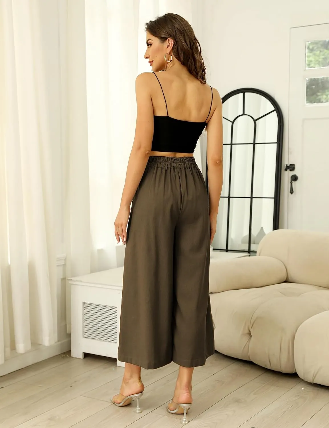 Hooever Women's Cotton Linen Culottes Pants Elastic Waist Wide Leg Palazzo Trousers Capri Pant