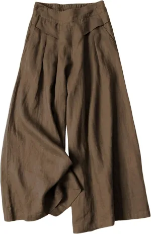 Hooever Women's Cotton Linen Culottes Pants Elastic Waist Wide Leg Palazzo Trousers Capri Pant