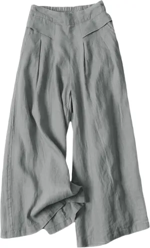 Hooever Women's Cotton Linen Culottes Pants Elastic Waist Wide Leg Palazzo Trousers Capri Pant
