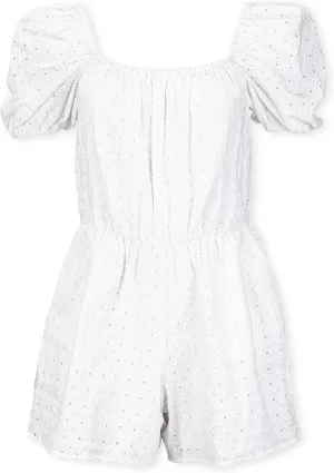 Hope & Henry Women's Puff Sleeve Eyelet Romper