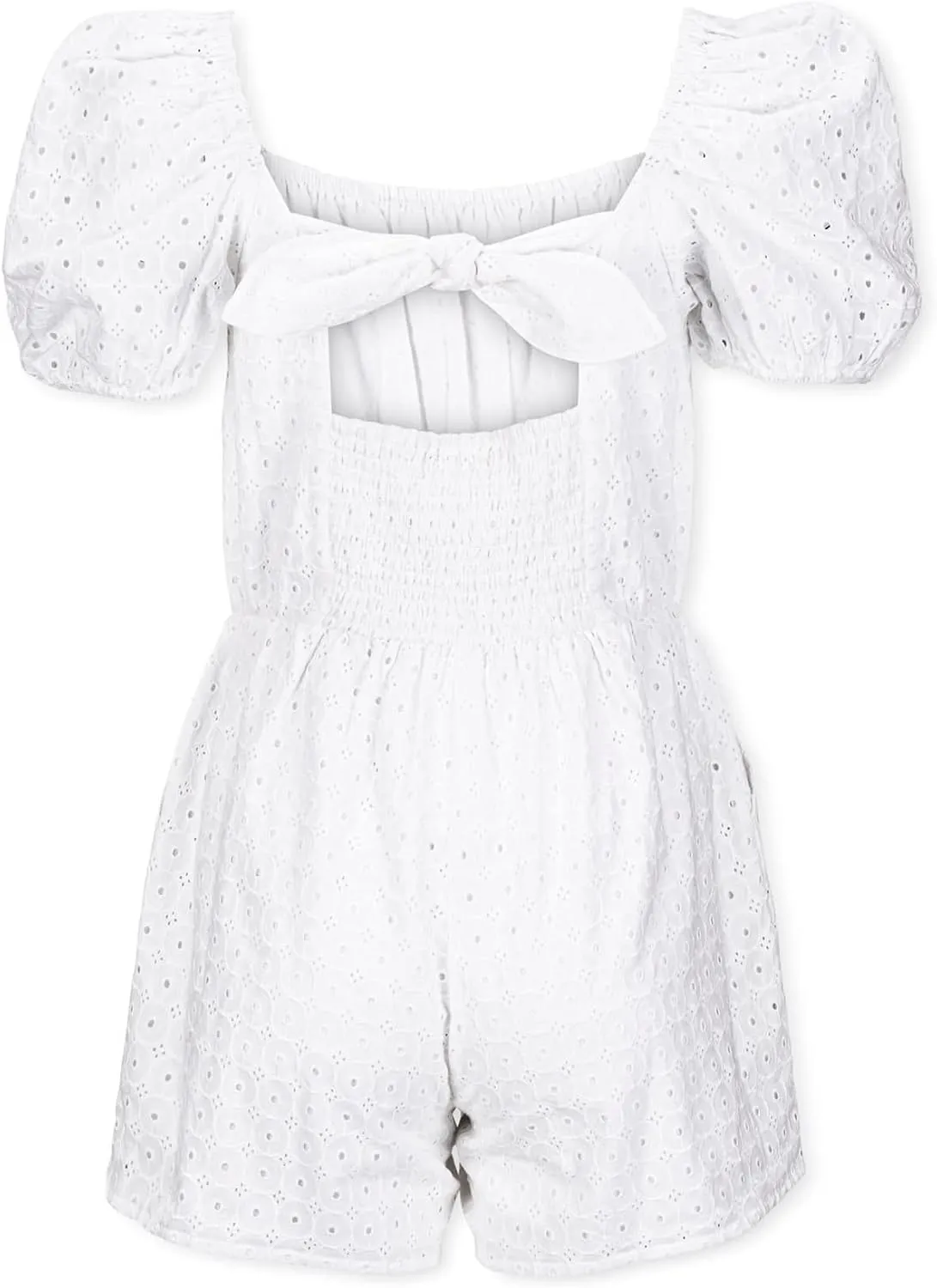 Hope & Henry Women's Puff Sleeve Eyelet Romper