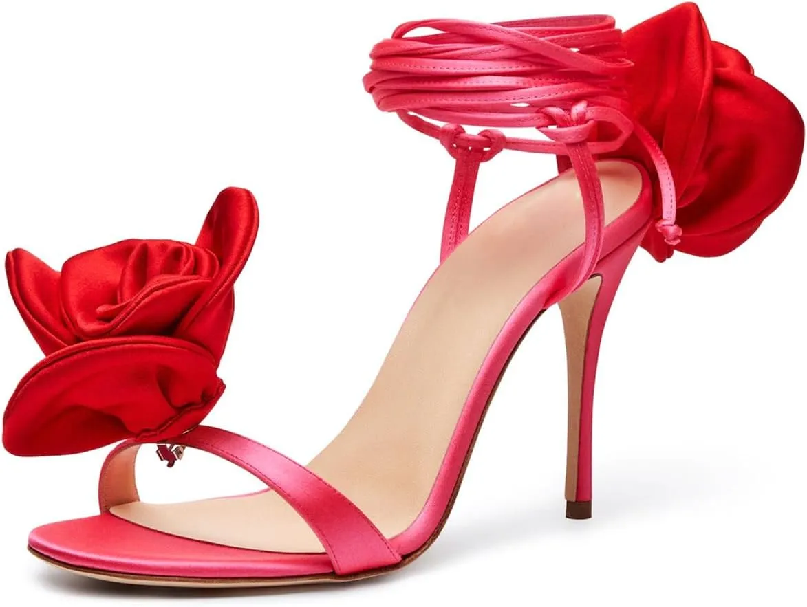 iadore Women's High Heels, 4'' Open Toe Floral Ankle Strappy Lace Up Stiletto Heeled Sandals with Back Flower Party Wedding Date Dress Shoes