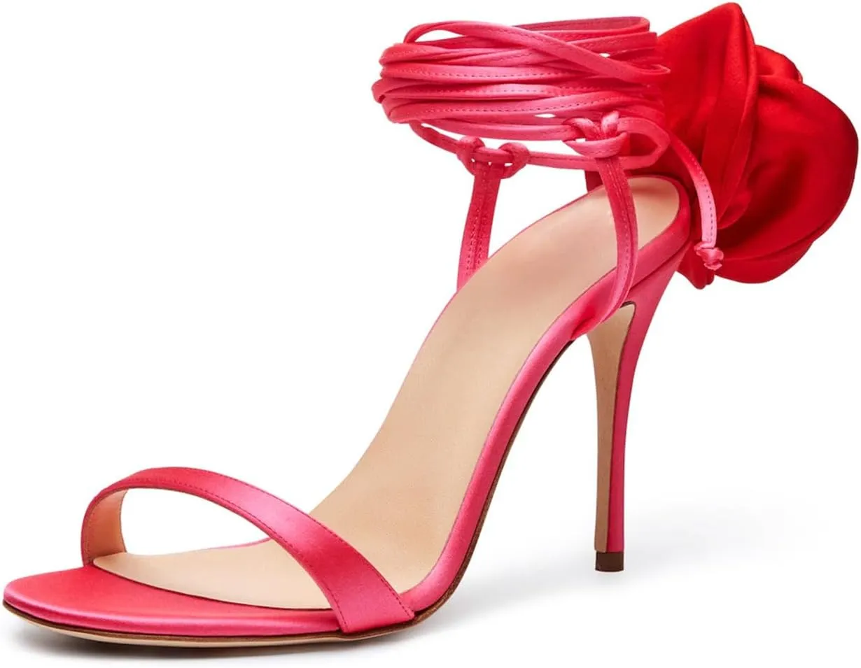 iadore Women's High Heels, 4'' Open Toe Floral Ankle Strappy Lace Up Stiletto Heeled Sandals with Back Flower Party Wedding Date Dress Shoes