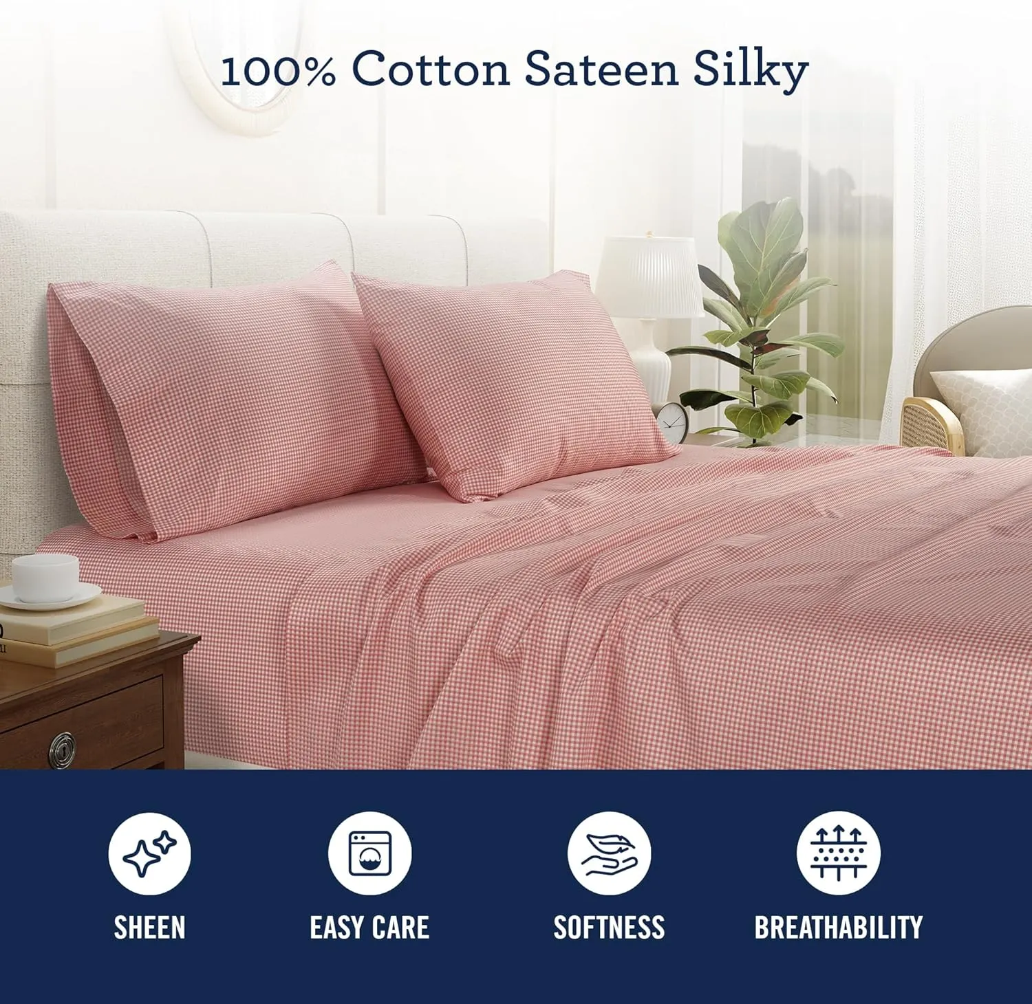 IZOD Sateen Silky 4Pc Full Size Bed Sheet Set, Deep Pockets – fits Upto 17",Smooth & Buttery Feel,Long-Staple Soft Combed 100% Cotton Bed Sheet,Hotel Luxury Bedding Sheets & Pillowcases - Red Gingham