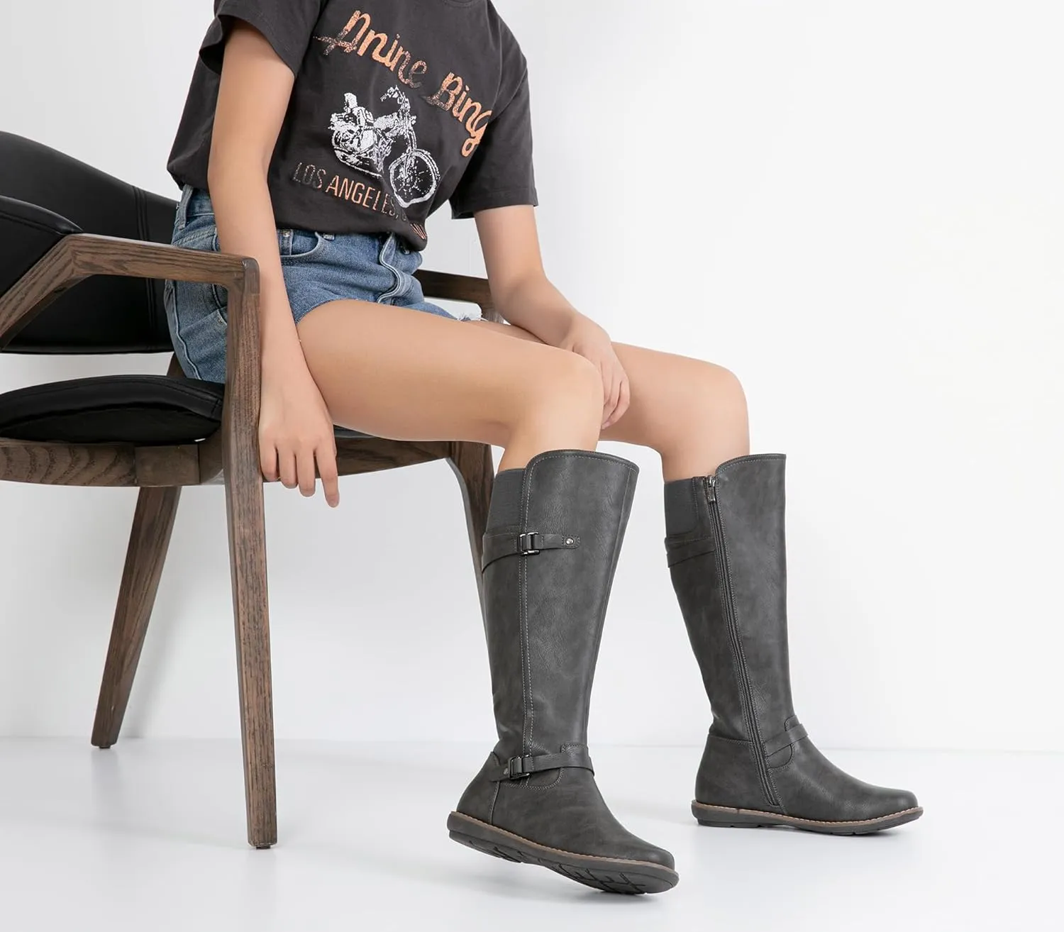 Jeossy Women's 9655 Knee High Boots Flat Riding Tall Boots with Buckle and Side Zipper