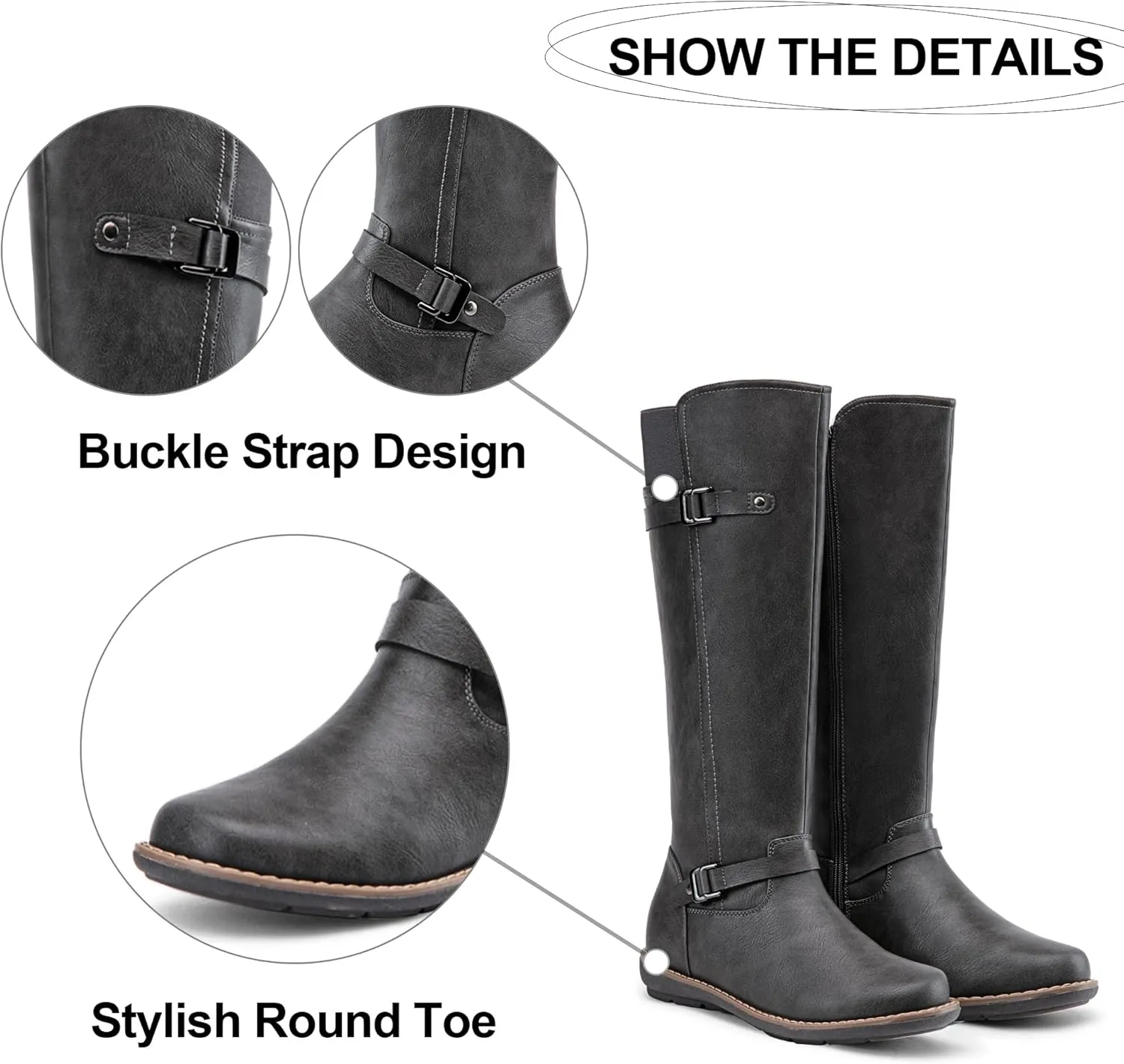 Jeossy Women's 9655 Knee High Boots Flat Riding Tall Boots with Buckle and Side Zipper