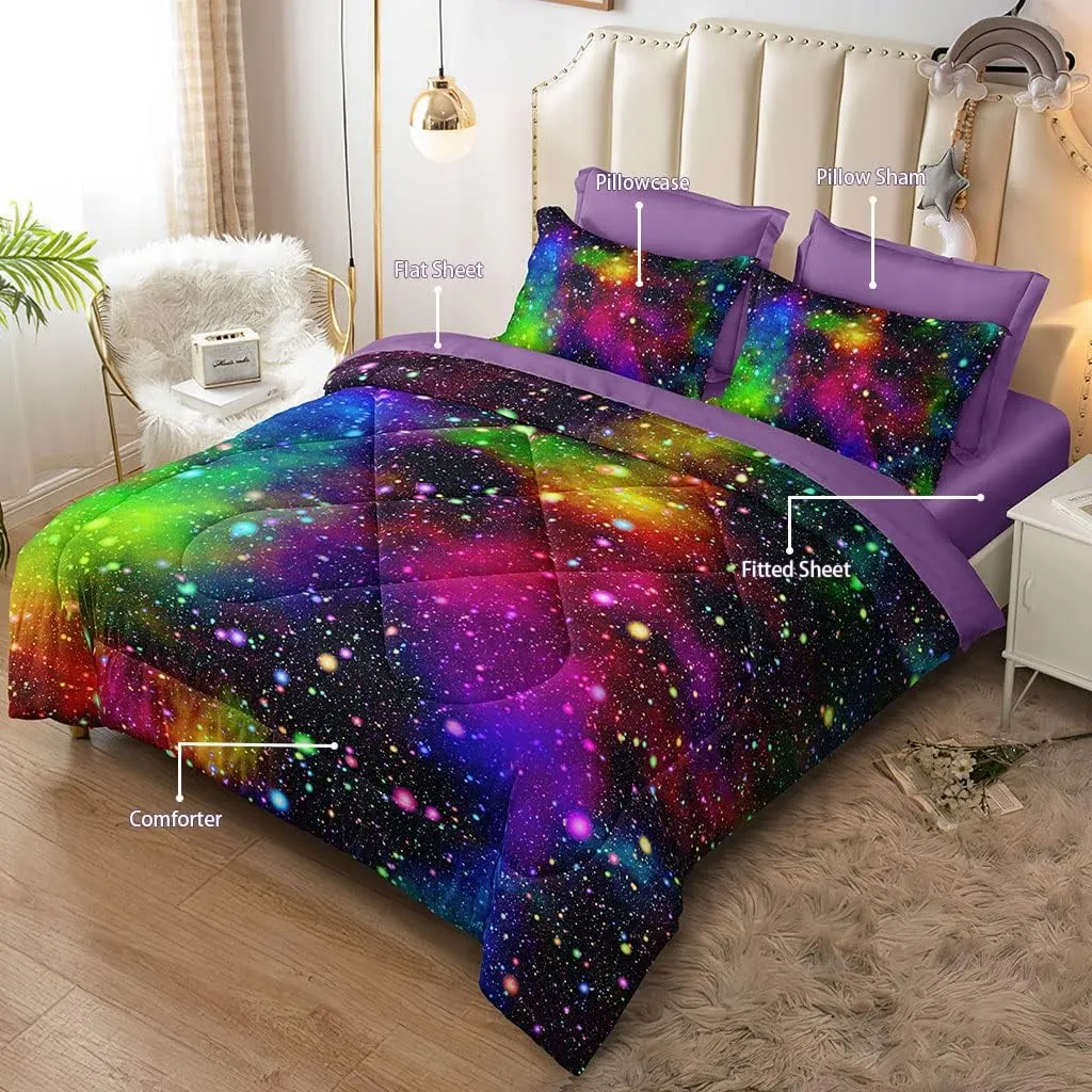 Kids Twin Bed Set in a Bag, Galaxy Toddler Bedding Sets for Girls Boys, 5 Piece Colorful Comforter Set with Sheets, Soft Microfiber Bed Sheets All Season