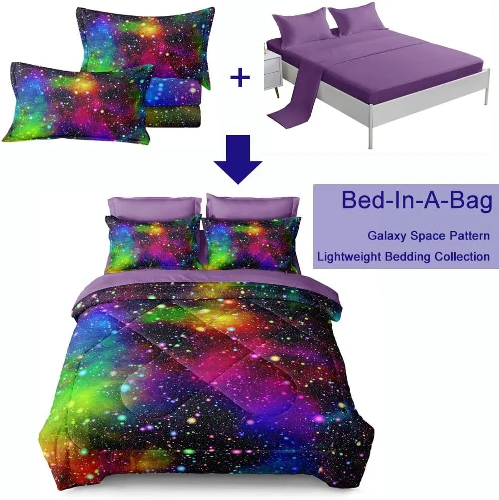 Kids Twin Bed Set in a Bag, Galaxy Toddler Bedding Sets for Girls Boys, 5 Piece Colorful Comforter Set with Sheets, Soft Microfiber Bed Sheets All Season