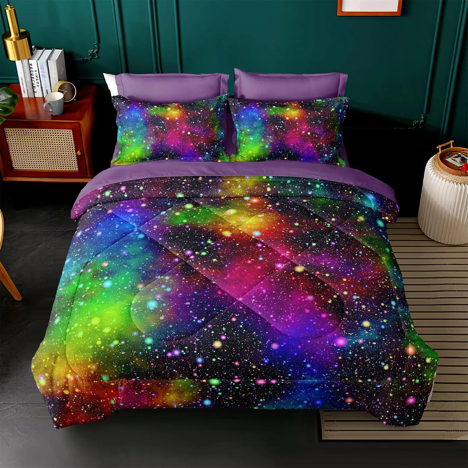 Kids Twin Bed Set in a Bag, Galaxy Toddler Bedding Sets for Girls Boys, 5 Piece Colorful Comforter Set with Sheets, Soft Microfiber Bed Sheets All Season