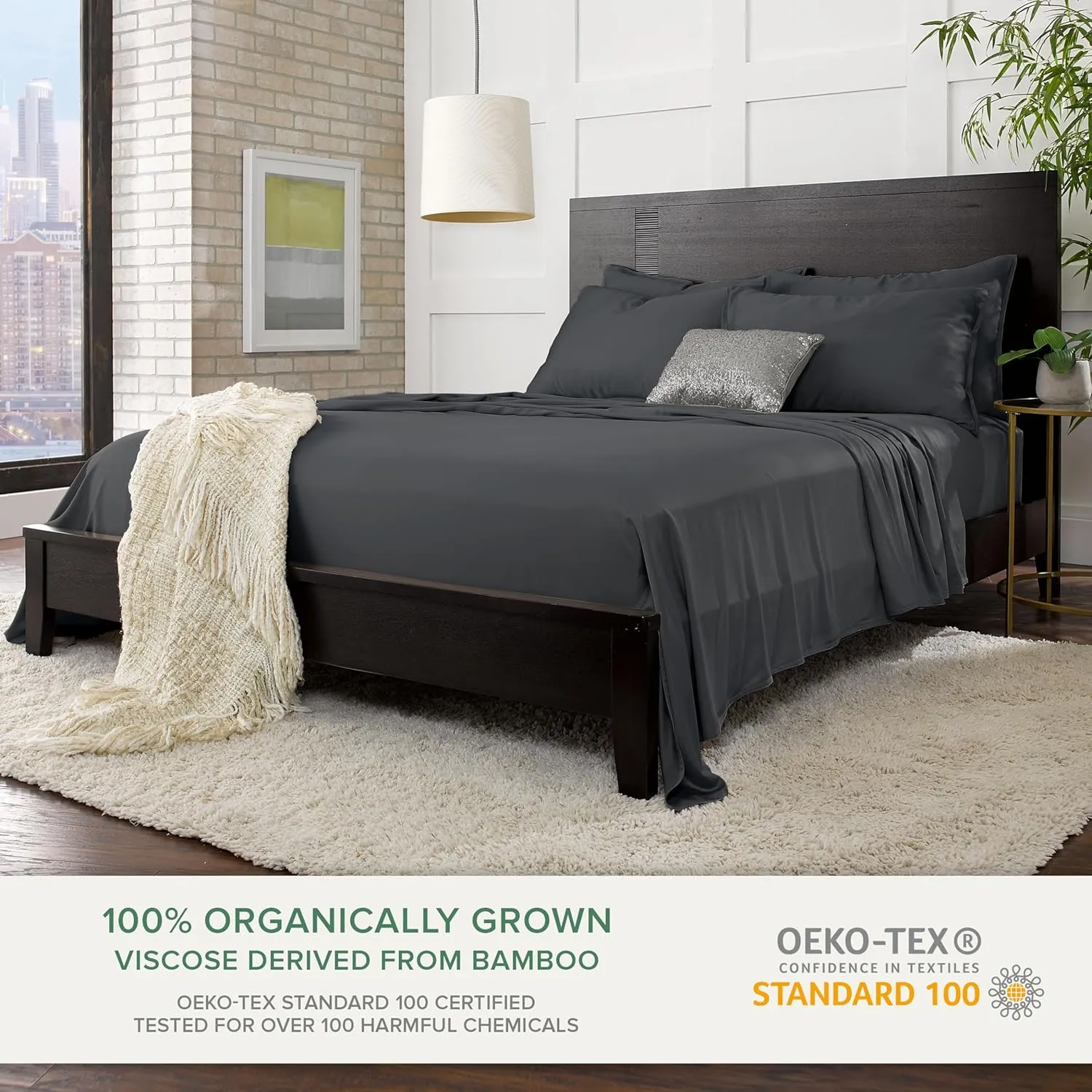 King Sheets by Pure Bamboo, Genuine 100% Organic Viscose Derived from Bamboo Bed Sheet Set, Luxuriously Soft & Cooling, Double Stitching, Lifetime Quality Promise (King, Charcoal)
