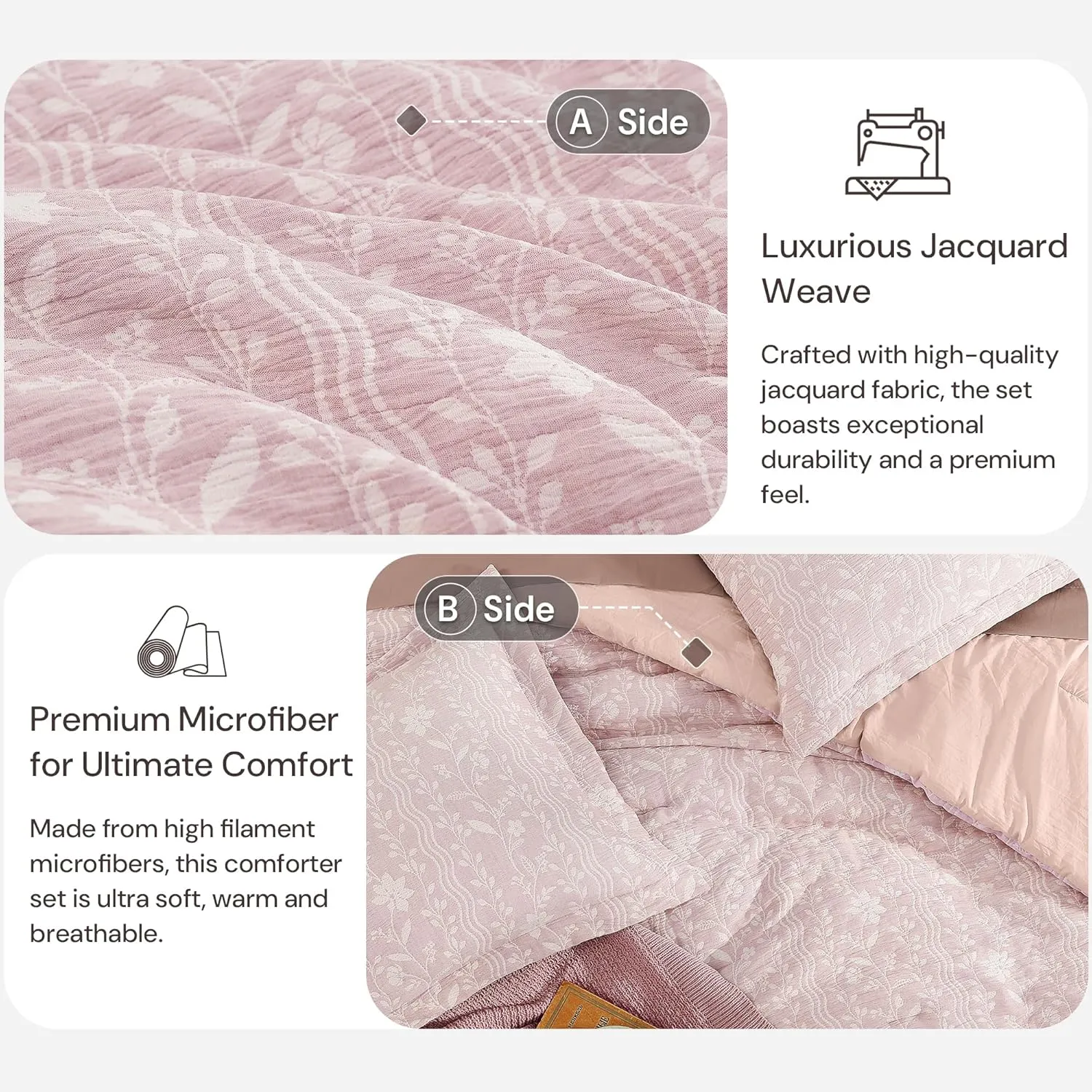 King Size Comforter Set - 7 Pieces Floral Pink Bedding for All Seasons, Farmhouse Shabby Chic Embroidery Bed Set, Soft Jacquard King Comforter Set with Sheets, Pillowcases & Shams