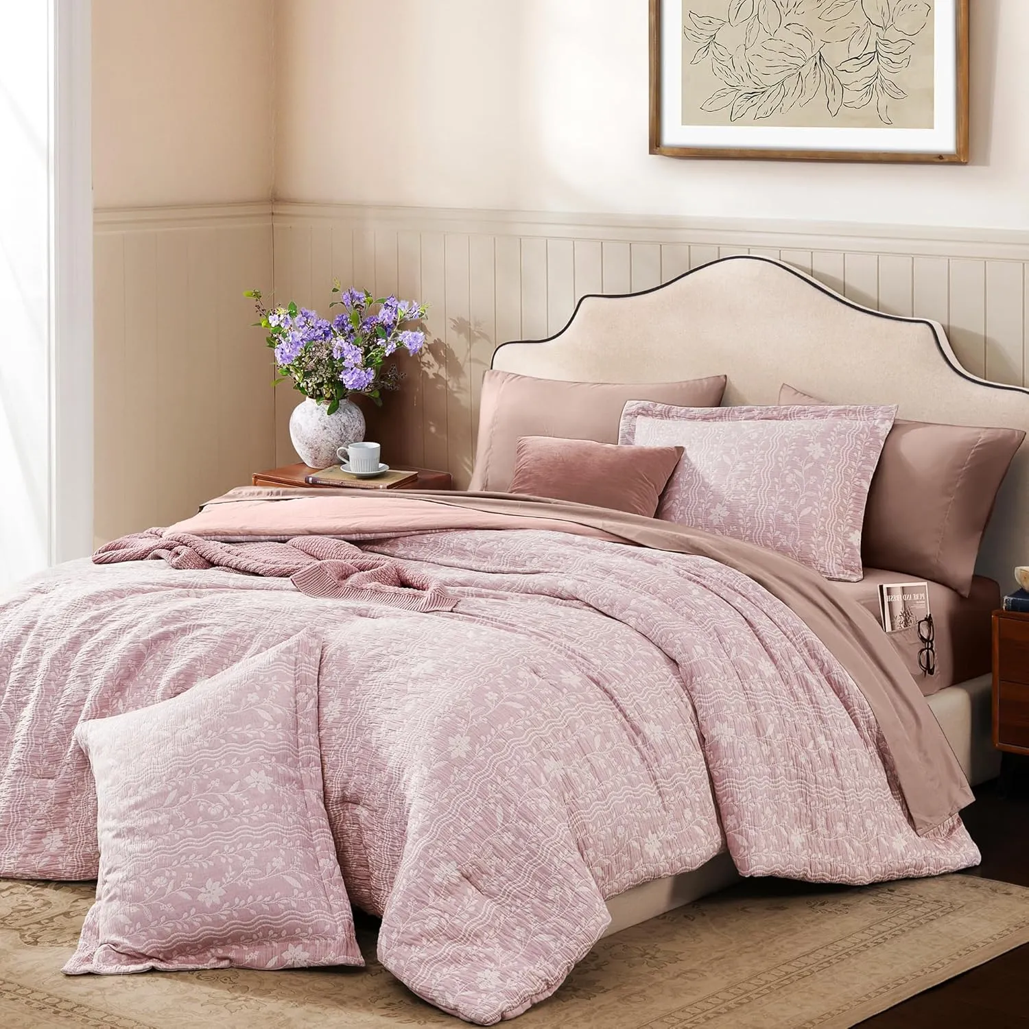 King Size Comforter Set - 7 Pieces Floral Pink Bedding for All Seasons, Farmhouse Shabby Chic Embroidery Bed Set, Soft Jacquard King Comforter Set with Sheets, Pillowcases & Shams