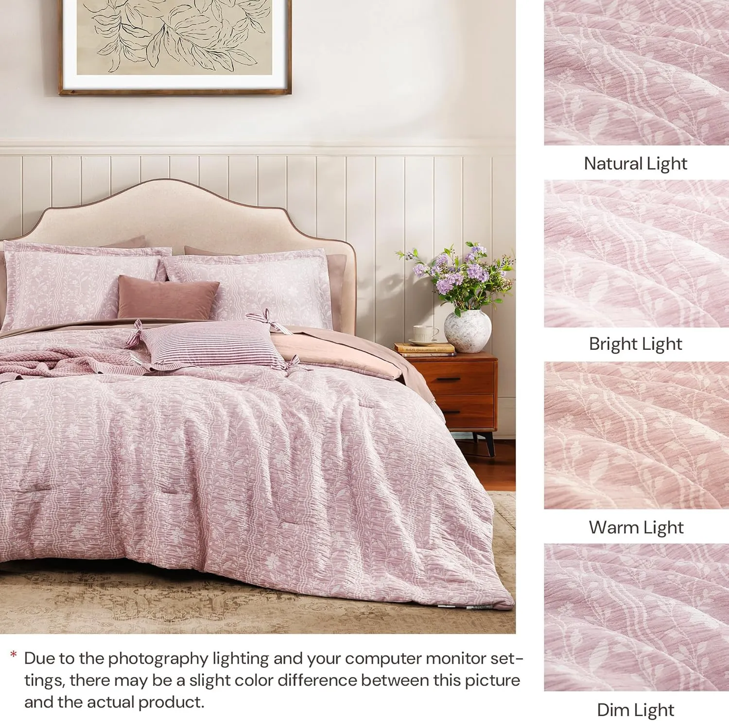 King Size Comforter Set - 7 Pieces Floral Pink Bedding for All Seasons, Farmhouse Shabby Chic Embroidery Bed Set, Soft Jacquard King Comforter Set with Sheets, Pillowcases & Shams