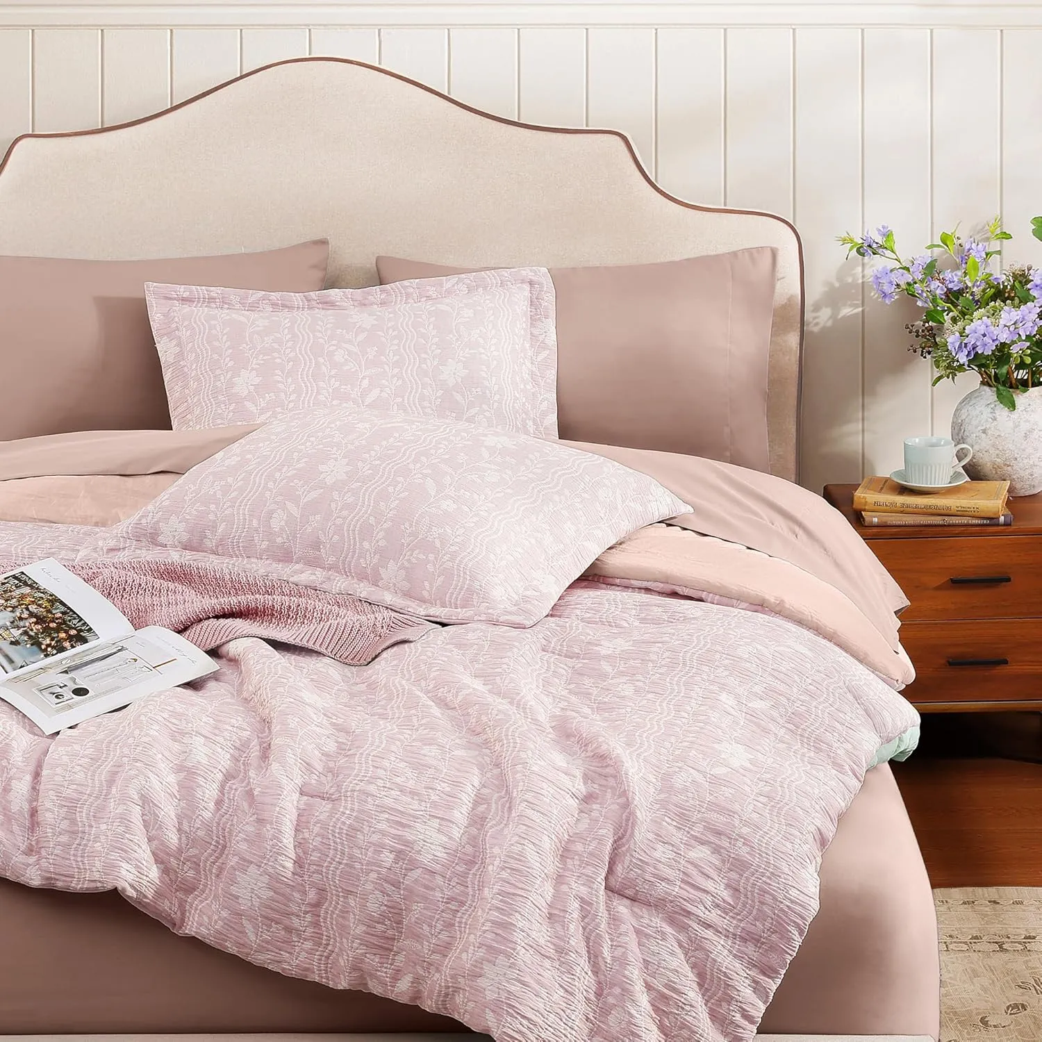 King Size Comforter Set - 7 Pieces Floral Pink Bedding for All Seasons, Farmhouse Shabby Chic Embroidery Bed Set, Soft Jacquard King Comforter Set with Sheets, Pillowcases & Shams
