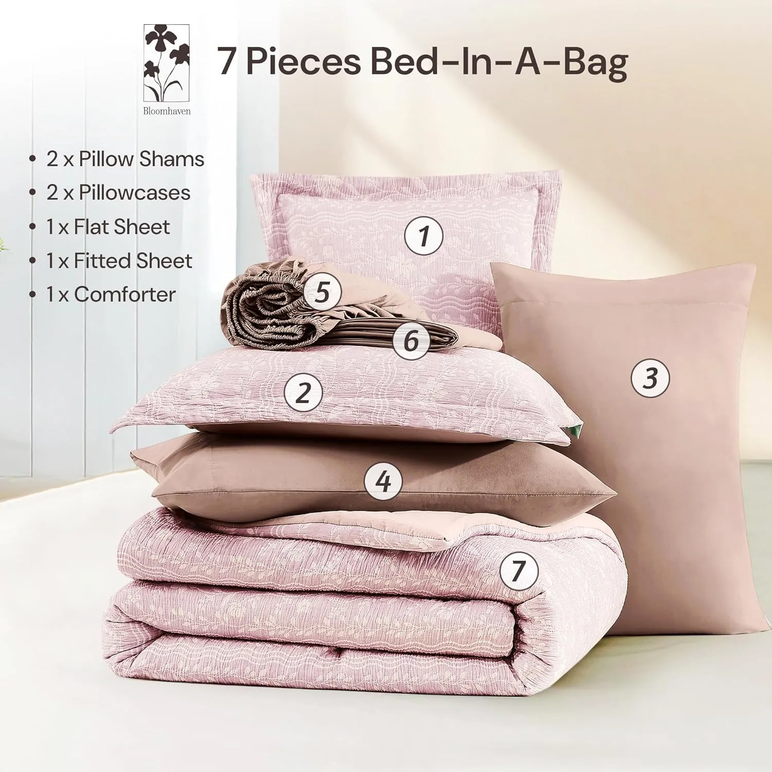 King Size Comforter Set - 7 Pieces Floral Pink Bedding for All Seasons, Farmhouse Shabby Chic Embroidery Bed Set, Soft Jacquard King Comforter Set with Sheets, Pillowcases & Shams