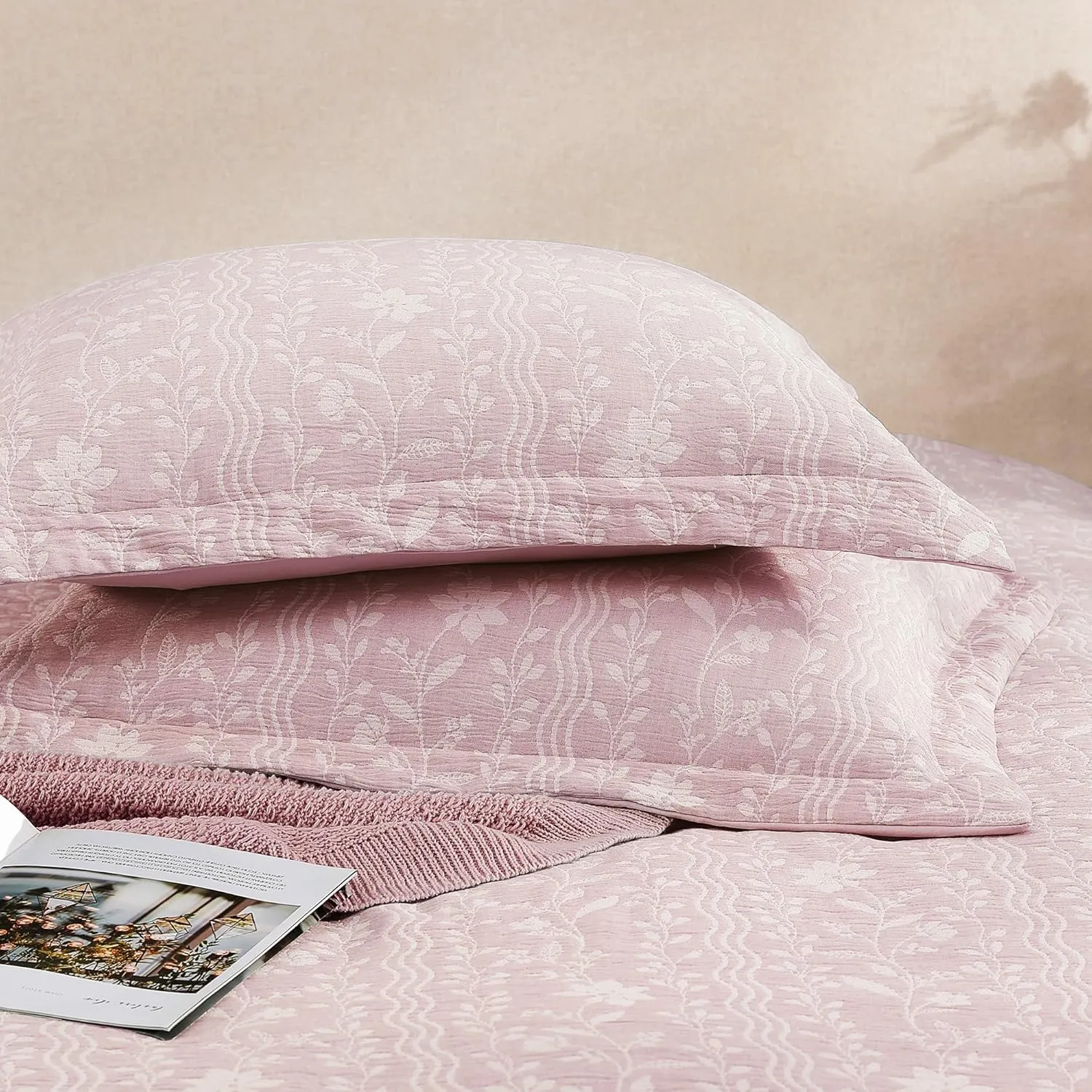 King Size Comforter Set - 7 Pieces Floral Pink Bedding for All Seasons, Farmhouse Shabby Chic Embroidery Bed Set, Soft Jacquard King Comforter Set with Sheets, Pillowcases & Shams